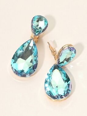 Blue Dangle Crystal Clip On Earrings 2 Inches Double Tear Drop ClipOns Jewelry